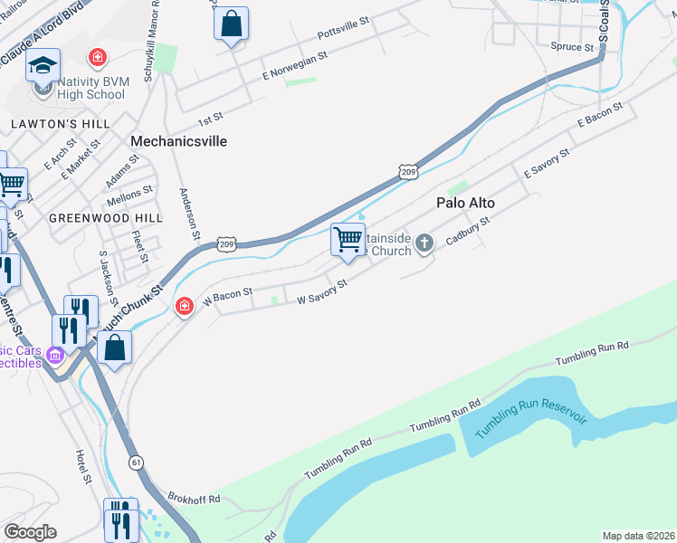 map of restaurants, bars, coffee shops, grocery stores, and more near 130 West Savory Street in Pottsville