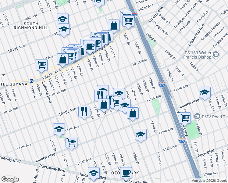 map of restaurants, bars, coffee shops, grocery stores, and more near 129-04 109th Avenue in Queens