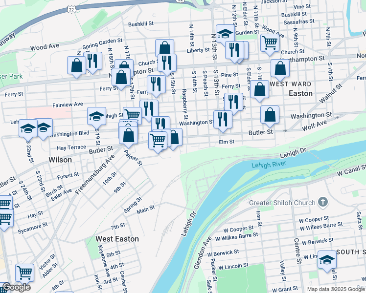 map of restaurants, bars, coffee shops, grocery stores, and more near 1455 Jefferson Street in Easton