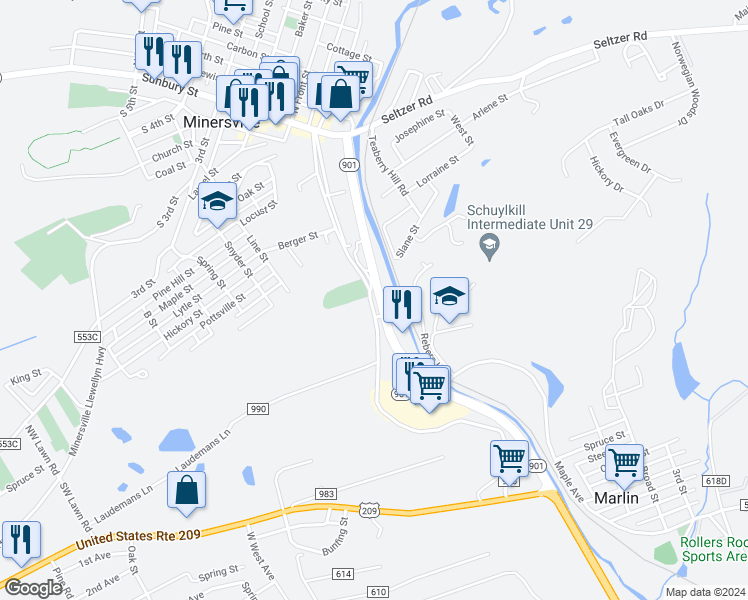 map of restaurants, bars, coffee shops, grocery stores, and more near 431 Dowdentown Road in Pottsville