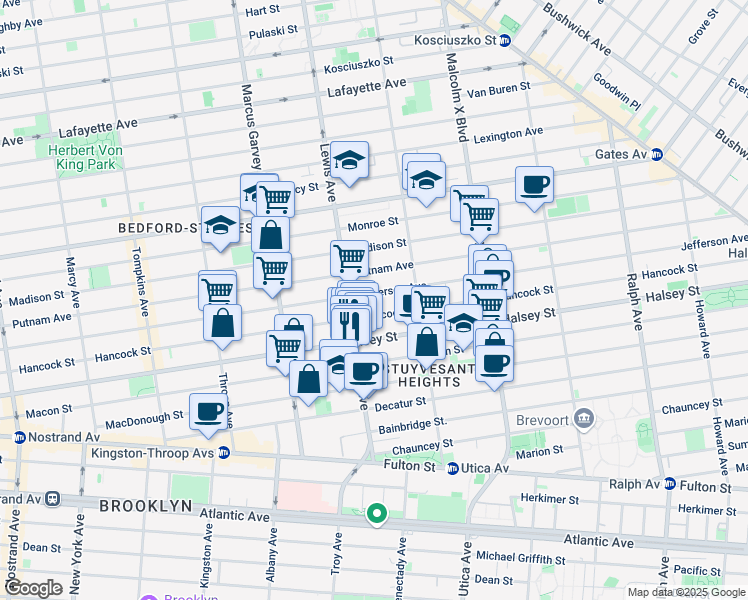 map of restaurants, bars, coffee shops, grocery stores, and more near 327 Lewis Avenue in Brooklyn
