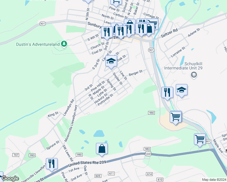 map of restaurants, bars, coffee shops, grocery stores, and more near 504 Pottsville Street in Minersville