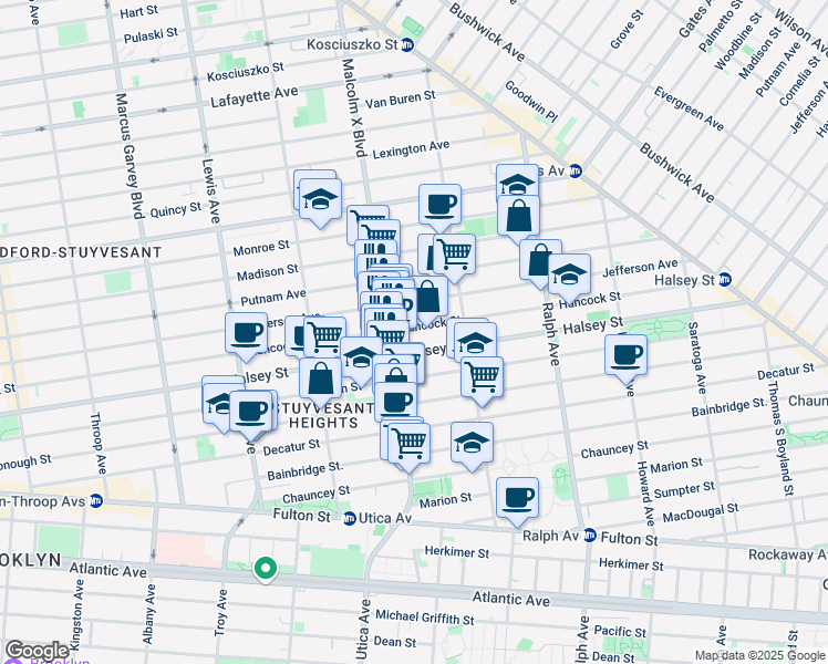 map of restaurants, bars, coffee shops, grocery stores, and more near 676 Hancock Street in Brooklyn