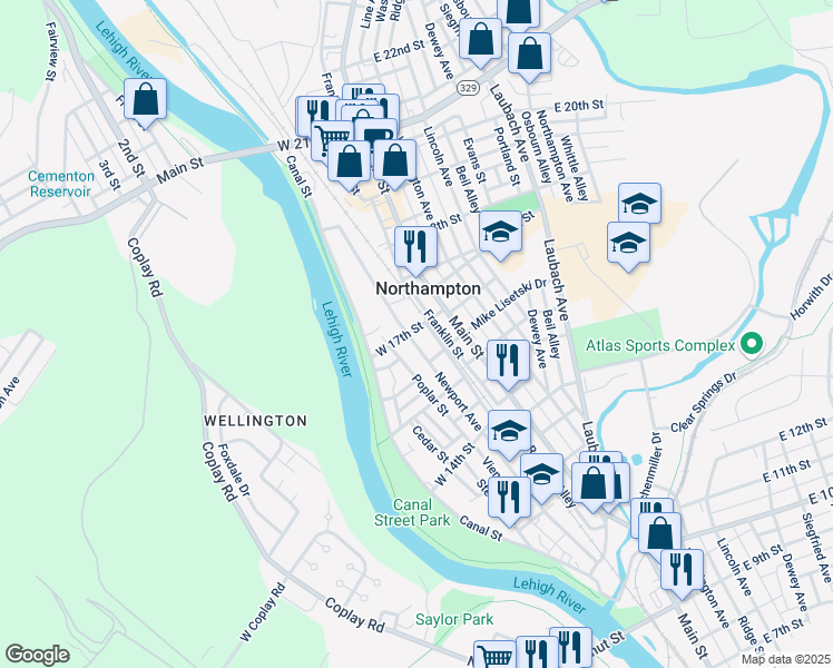 map of restaurants, bars, coffee shops, grocery stores, and more near 1689 Newport Avenue in Northampton