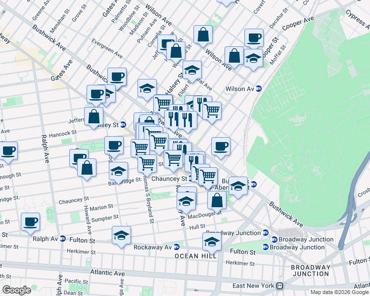 map of restaurants, bars, coffee shops, grocery stores, and more near 35 Cooper Street in Brooklyn