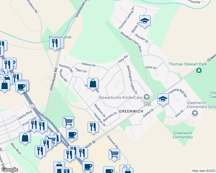 map of restaurants, bars, coffee shops, grocery stores, and more near 1138 Monroe Drive in Stewartsville