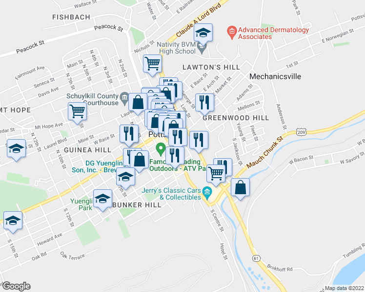 map of restaurants, bars, coffee shops, grocery stores, and more near 91 South Progress Avenue in Pottsville