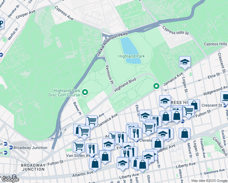 map of restaurants, bars, coffee shops, grocery stores, and more near Highland Boulevard in Queens