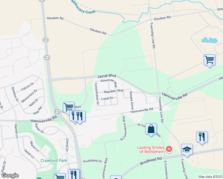 map of restaurants, bars, coffee shops, grocery stores, and more near 5541 Republic Way in Bethlehem