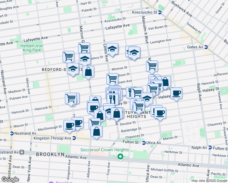 map of restaurants, bars, coffee shops, grocery stores, and more near 570 Jefferson Avenue in Brooklyn