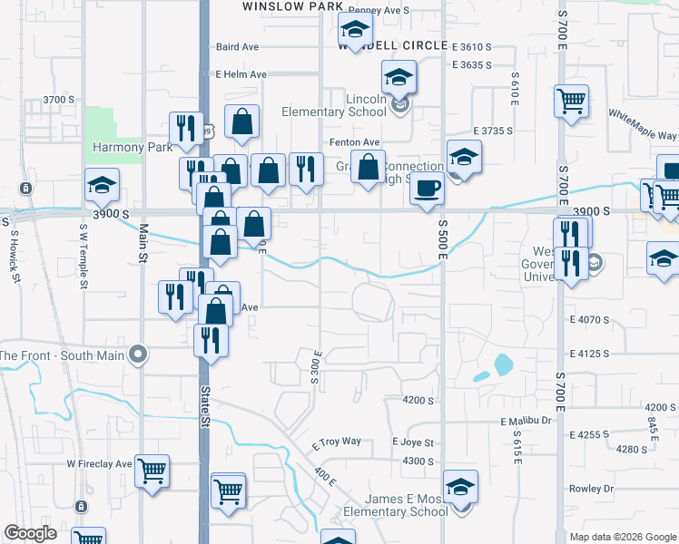 map of restaurants, bars, coffee shops, grocery stores, and more near 4005 South 300 East in Millcreek