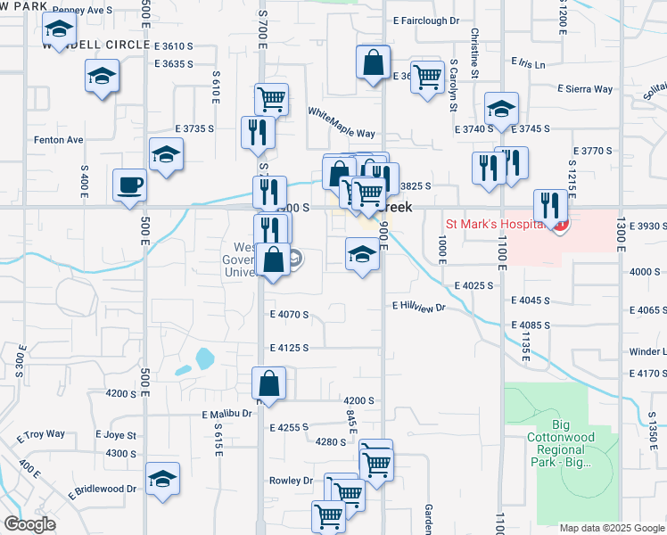 map of restaurants, bars, coffee shops, grocery stores, and more near 820 East 3990 South in Murray