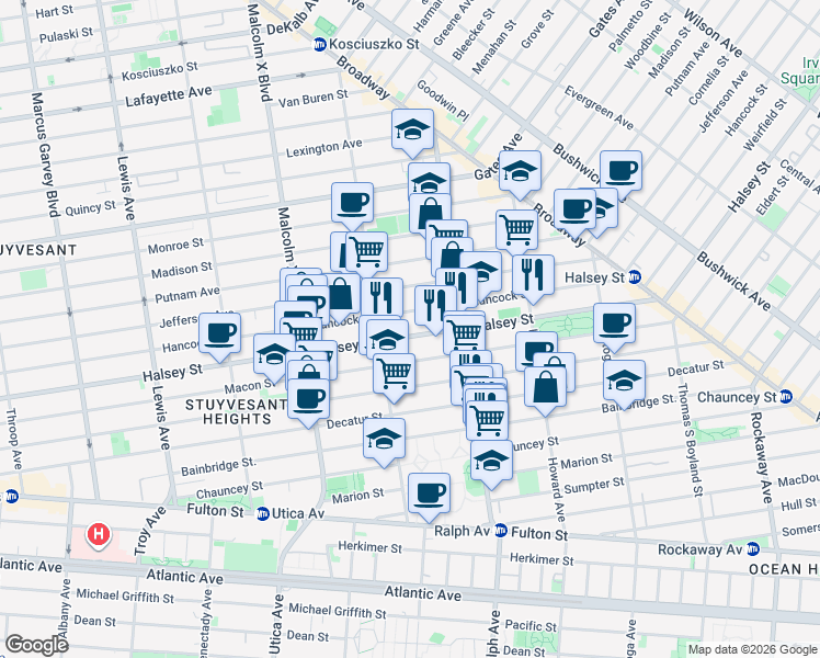 map of restaurants, bars, coffee shops, grocery stores, and more near 734 Halsey Street in Brooklyn
