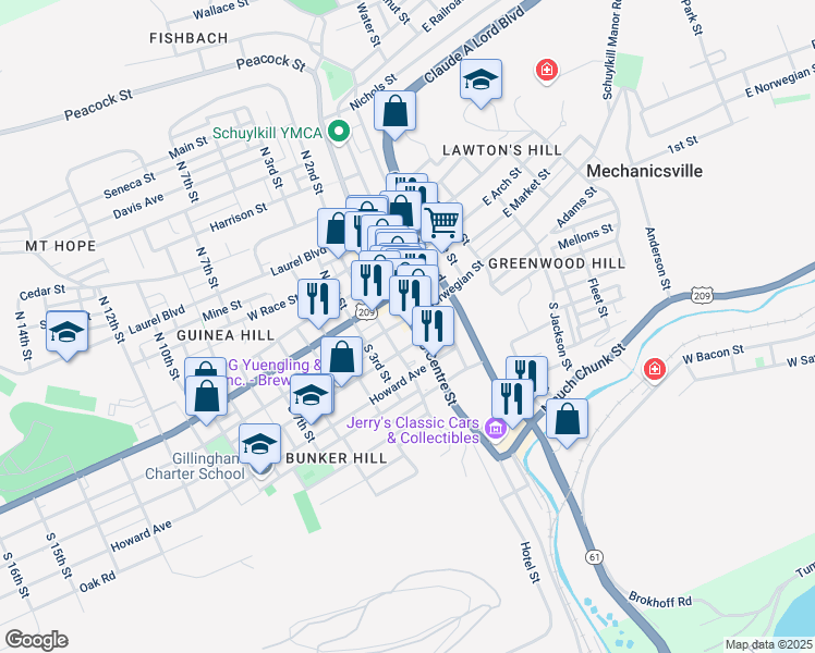 map of restaurants, bars, coffee shops, grocery stores, and more near 21 South Centre Street in Pottsville