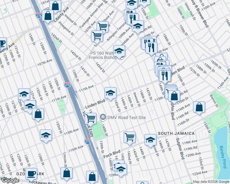 map of restaurants, bars, coffee shops, grocery stores, and more near 111-51 143rd Street in Queens