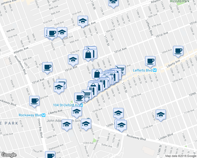 map of restaurants, bars, coffee shops, grocery stores, and more near 107-02 103rd Avenue in Queens