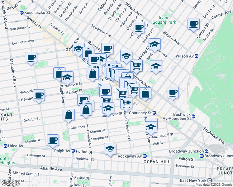 map of restaurants, bars, coffee shops, grocery stores, and more near 880 Macon Street in Brooklyn