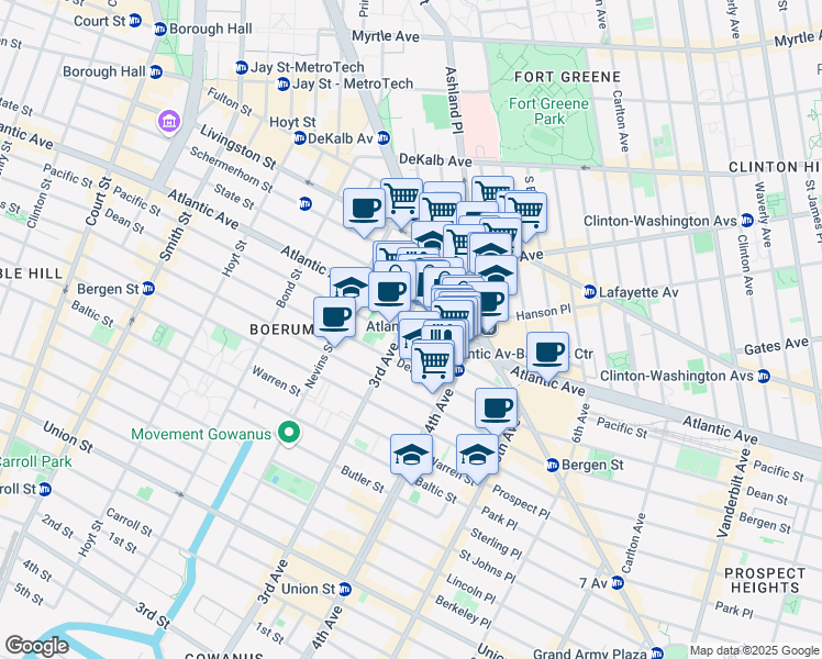 map of restaurants, bars, coffee shops, grocery stores, and more near 545 Atlantic Avenue in Brooklyn