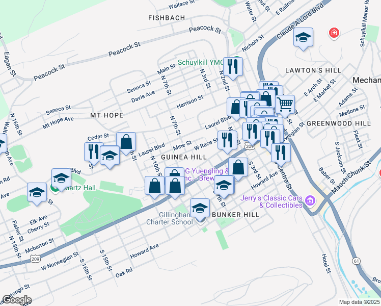 map of restaurants, bars, coffee shops, grocery stores, and more near 621 West Race Street in Pottsville
