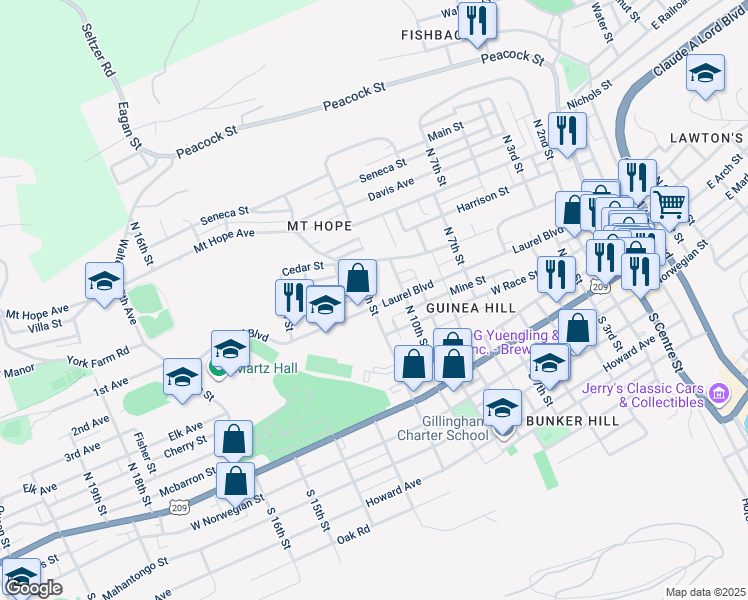 map of restaurants, bars, coffee shops, grocery stores, and more near 1034 Laurel Boulevard in Pottsville
