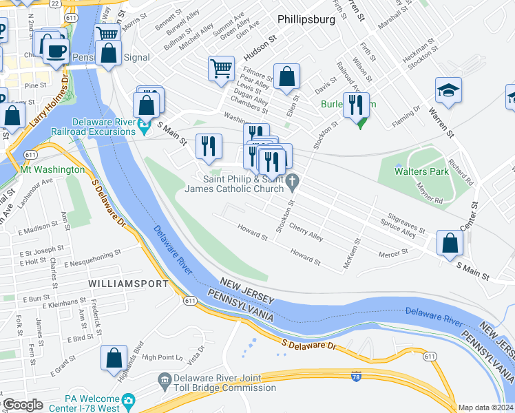 map of restaurants, bars, coffee shops, grocery stores, and more near 25 Cherry Lane in Phillipsburg