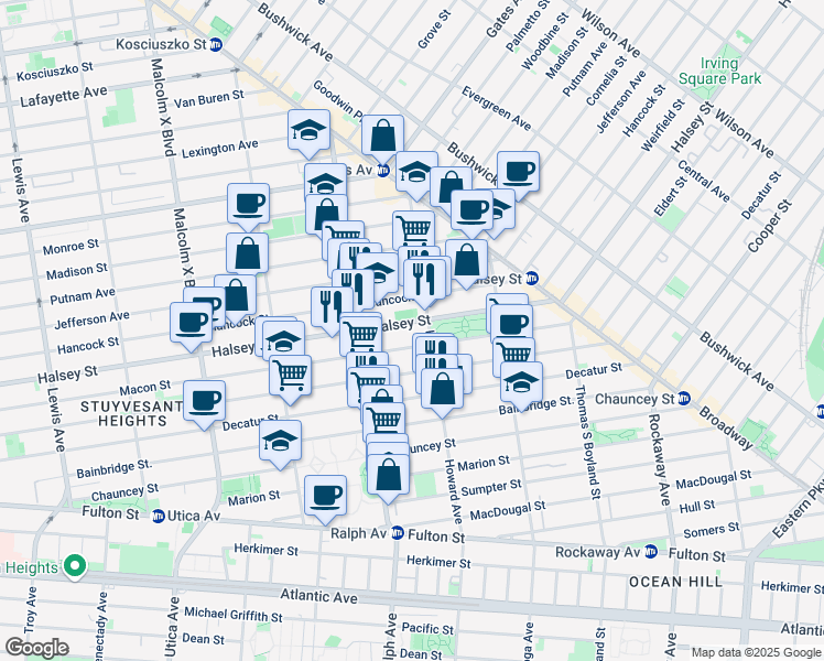 map of restaurants, bars, coffee shops, grocery stores, and more near 749 Macon Street in Brooklyn
