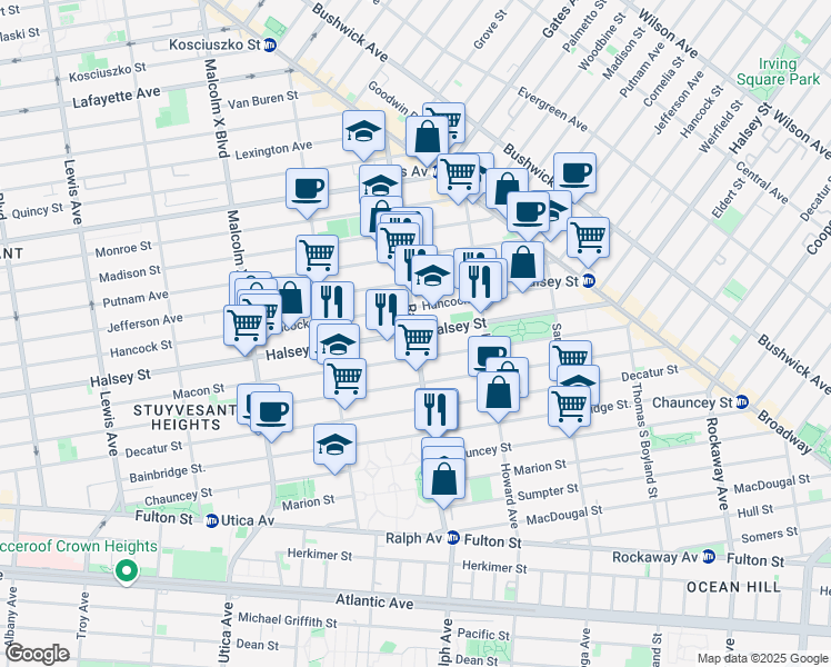 map of restaurants, bars, coffee shops, grocery stores, and more near Halsey St & Ralph Ave in Brooklyn
