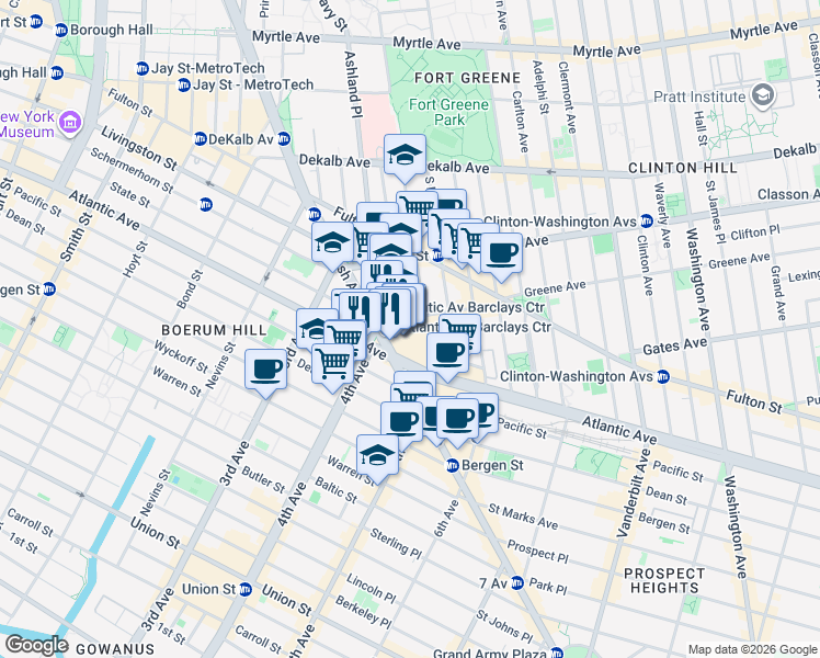 map of restaurants, bars, coffee shops, grocery stores, and more near 139 Flatbush Avenue in Brooklyn