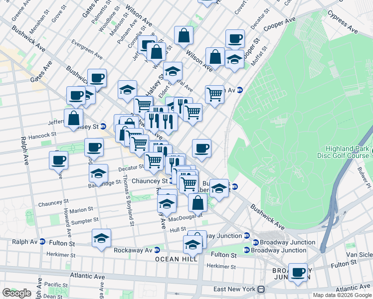 map of restaurants, bars, coffee shops, grocery stores, and more near 1408 Bushwick Avenue in Brooklyn