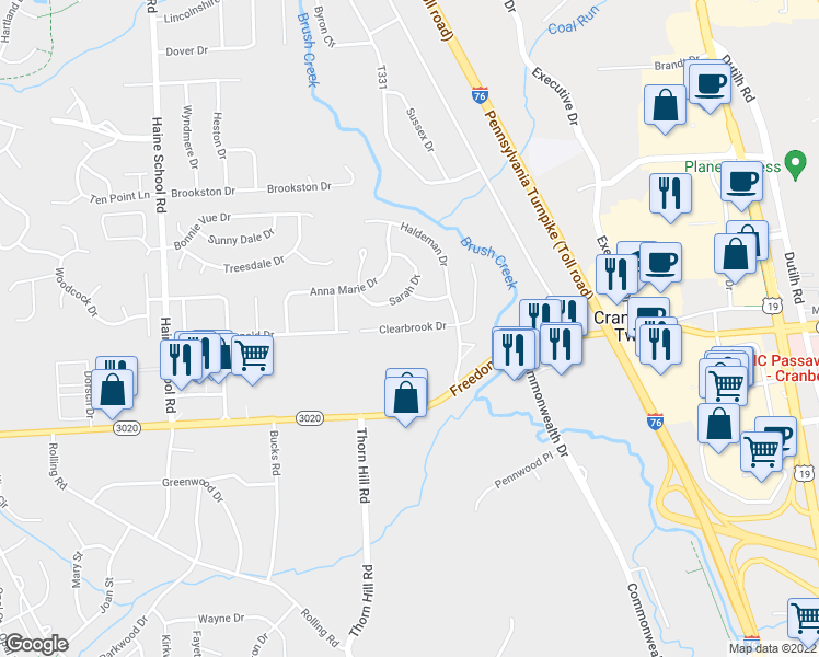 map of restaurants, bars, coffee shops, grocery stores, and more near 115 Clearbrook Drive in Cranberry Township