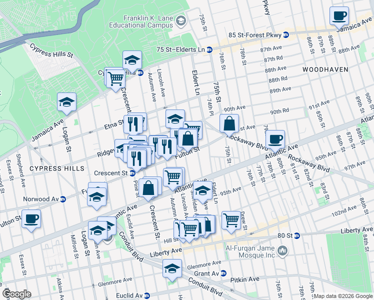 map of restaurants, bars, coffee shops, grocery stores, and more near 3436 Fulton Street in Brooklyn