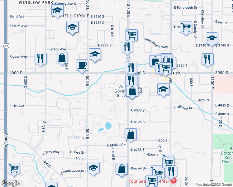 map of restaurants, bars, coffee shops, grocery stores, and more near 652 East 4025 South in Murray