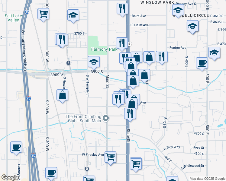 map of restaurants, bars, coffee shops, grocery stores, and more near 4019 South Main Street in Millcreek