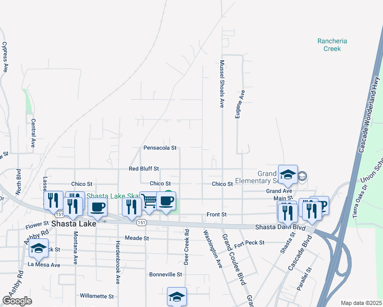 map of restaurants, bars, coffee shops, grocery stores, and more near 4737 Red Bluff Street in Shasta Lake
