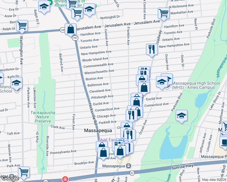 map of restaurants, bars, coffee shops, grocery stores, and more near 109 Pittsburgh Avenue in Massapequa