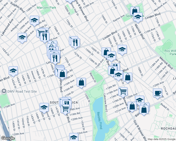 map of restaurants, bars, coffee shops, grocery stores, and more near 155-50 116th Avenue in Queens