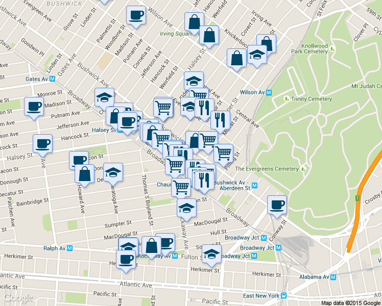 map of restaurants, bars, coffee shops, grocery stores, and more near 35 Cooper Street in Brooklyn