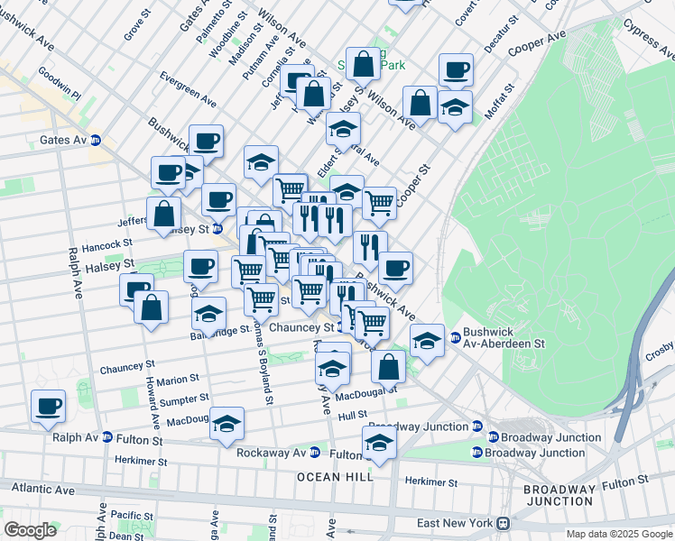 map of restaurants, bars, coffee shops, grocery stores, and more near 35 Cooper Street in Brooklyn