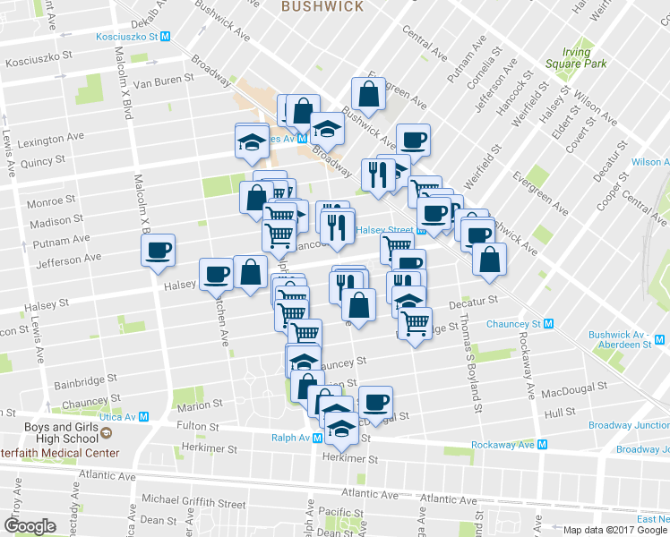 map of restaurants, bars, coffee shops, grocery stores, and more near 653 Howard Avenue in Brooklyn