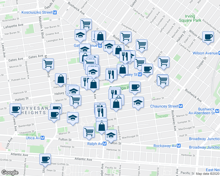 map of restaurants, bars, coffee shops, grocery stores, and more near 749 Macon Street in Brooklyn