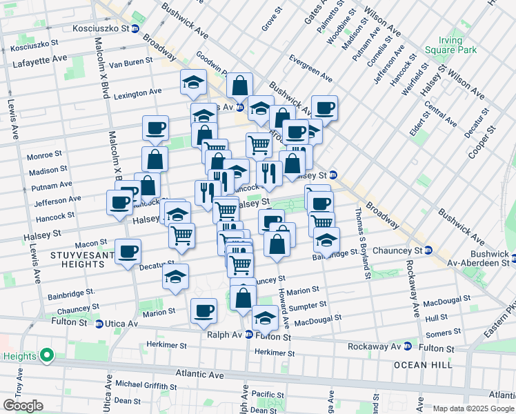 map of restaurants, bars, coffee shops, grocery stores, and more near 749 Macon Street in Brooklyn