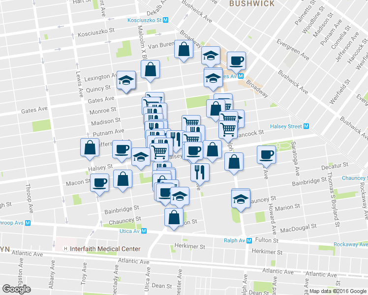 map of restaurants, bars, coffee shops, grocery stores, and more near 625 Halsey Street in Brooklyn