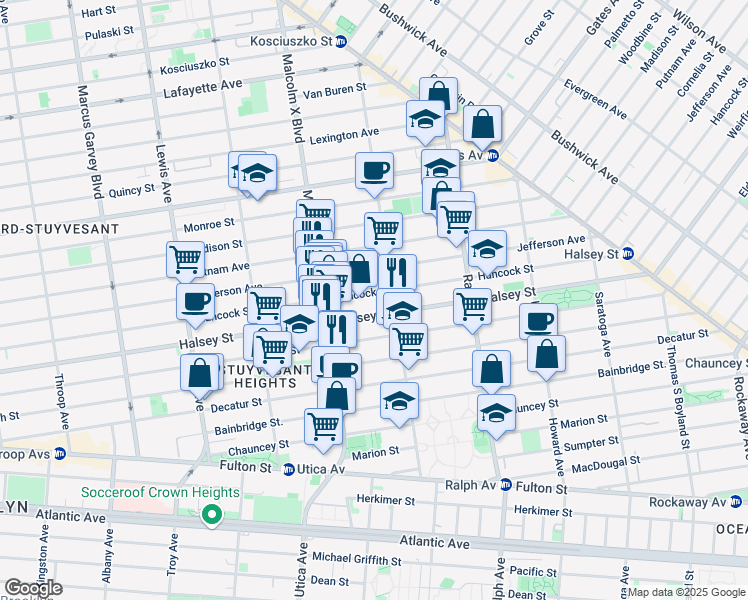 map of restaurants, bars, coffee shops, grocery stores, and more near 625 Halsey Street in Brooklyn