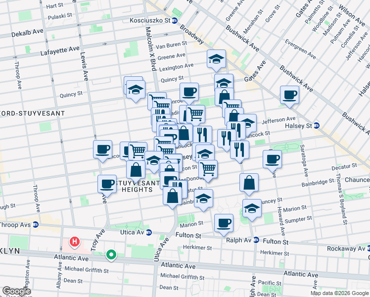 map of restaurants, bars, coffee shops, grocery stores, and more near 625 Halsey Street in Brooklyn