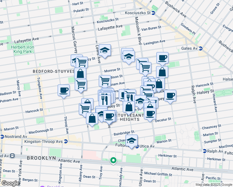 map of restaurants, bars, coffee shops, grocery stores, and more near 545 Hancock Street in Brooklyn