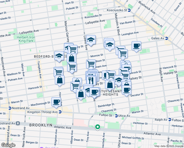 map of restaurants, bars, coffee shops, grocery stores, and more near 327 Lewis Avenue in Brooklyn