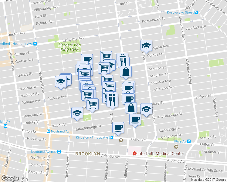 map of restaurants, bars, coffee shops, grocery stores, and more near 521 Throop Avenue in Brooklyn