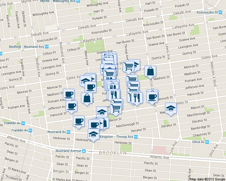 map of restaurants, bars, coffee shops, grocery stores, and more near 430 Putnam Avenue in Brooklyn