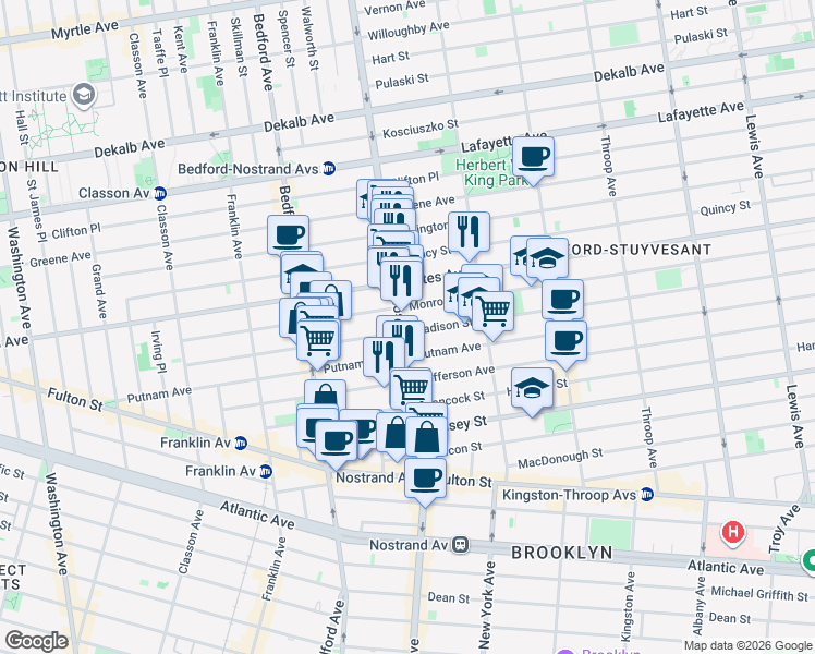 map of restaurants, bars, coffee shops, grocery stores, and more near 224 Madison Street in Brooklyn
