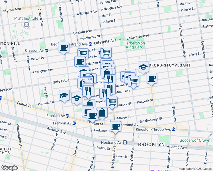 map of restaurants, bars, coffee shops, grocery stores, and more near 192 Madison Street in Brooklyn